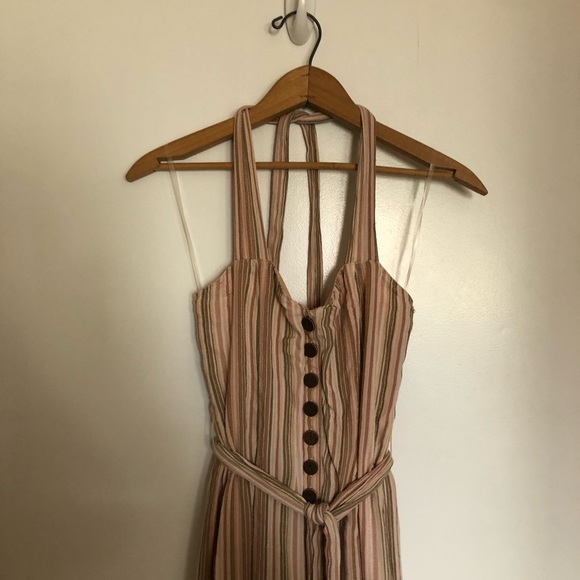American Eagle Striped Tie Front Halter Jumpsuit button detail wide leg - Picture 8 of 13